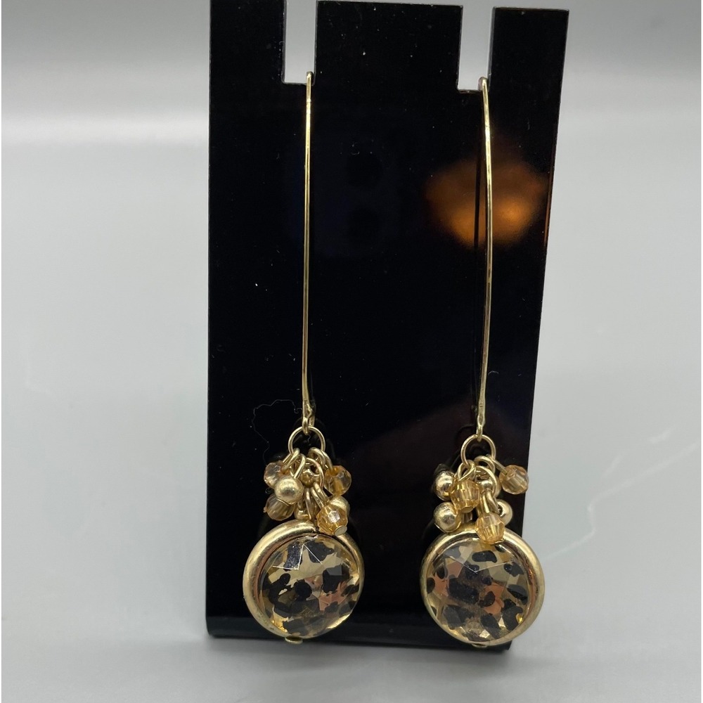 Gold Tone Leopard‎ Print Faceted Glass Drop Earrings Amber Bead Cluster Dangle